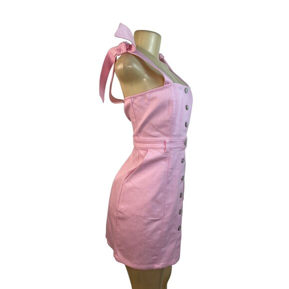 5a7 Pink Button-Front Mini Dress With Tie Straps & Pockets Size 8 - New - Picture 2 of 10